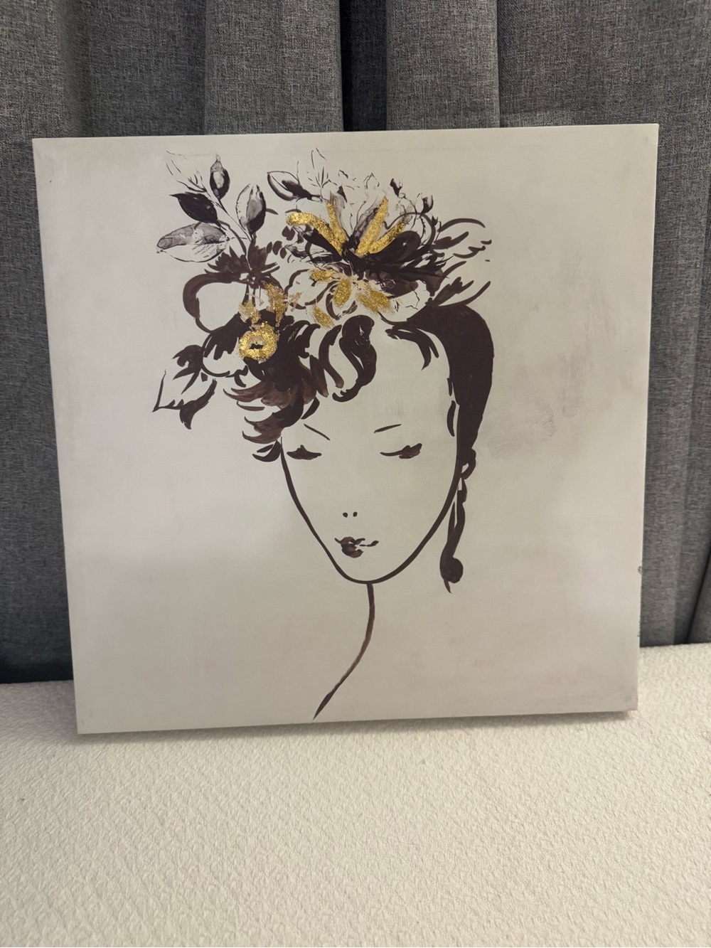 Minimal Portrait Wall Art with Gold Floral Accents - Cream & Brown